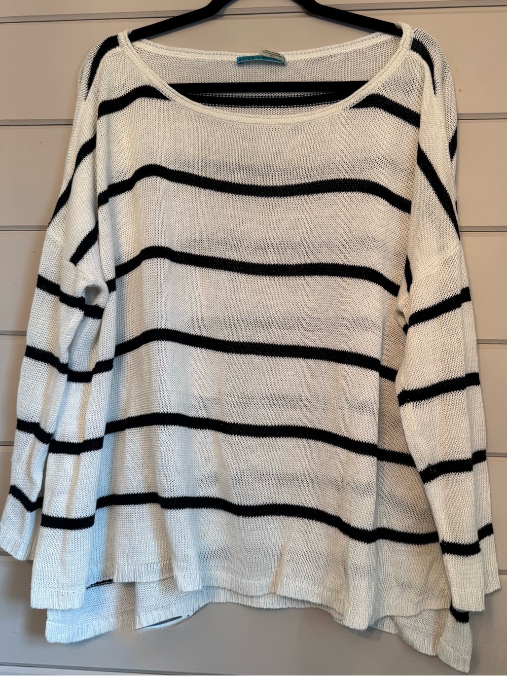 Alice + Olivia Boat Neck Black & White Striped Oversized Boxy Linen Sweater